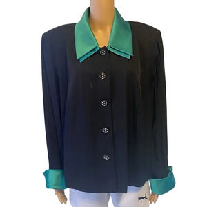 VTG 90s Jessica Howard Blazer Jacket Women's Sz 22 Black Green Collar & Cuffs